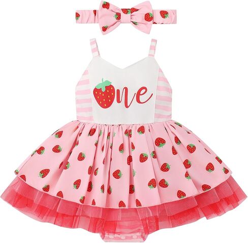 IMEKIS Baby Girls 1st Birthday Outfit Strawberry Floral One Smocked Dress Romper Tutu with Headband Cake Smash Photos in Saudi Arabia