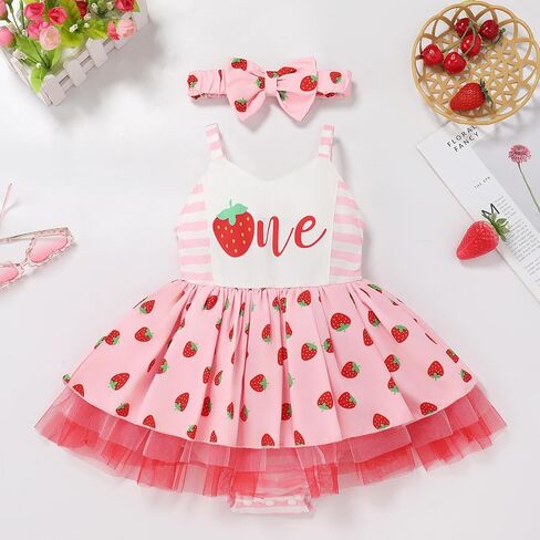 IMEKIS Baby Girls 1st Birthday Outfit Strawberry Floral One Smocked Dress Romper Tutu with Headband Cake Smash Photos in Saudi Arabia