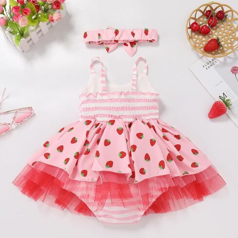 IMEKIS Baby Girls 1st Birthday Outfit Strawberry Floral One Smocked Dress Romper Tutu with Headband Cake Smash Photos in Saudi Arabia