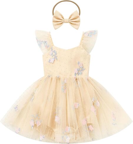 Kids Girls Birthday Party Dress Cake Crush Mesh Embroidered Floral Ruffle Tulle Tutu Romper Dress in Kuwait