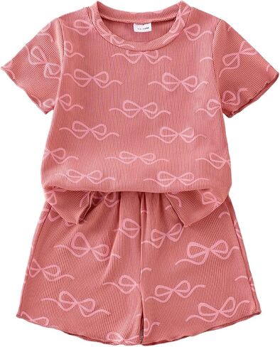 Toddler Girl Clothes Baby Summer Outfits Cute Bow Ruffled Sleeve Shirt Ribbed Knit Tops Shorts Set for Girl Clothing in Saudi Arabia