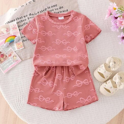 Toddler Girl Clothes Baby Summer Outfits Cute Bow Ruffled Sleeve Shirt Ribbed Knit Tops Shorts Set for Girl Clothing in Saudi Arabia