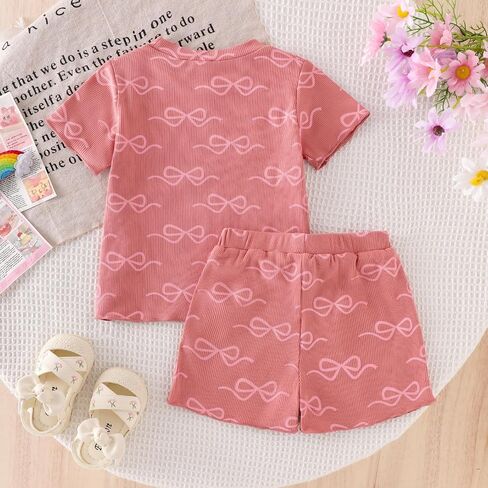 Toddler Girl Clothes Baby Summer Outfits Cute Bow Ruffled Sleeve Shirt Ribbed Knit Tops Shorts Set for Girl Clothing in Saudi Arabia