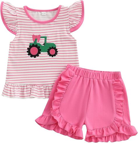 Toddler Baby Girl Farm Outfit Tractor Embroidery Stripe Flutter Sleeve Shirt Tops Ruffle Shorts Set Summer Clothes in Saudi Arabia