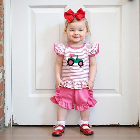 Toddler Baby Girl Farm Outfit Tractor Embroidery Stripe Flutter Sleeve Shirt Tops Ruffle Shorts Set Summer Clothes in Saudi Arabia
