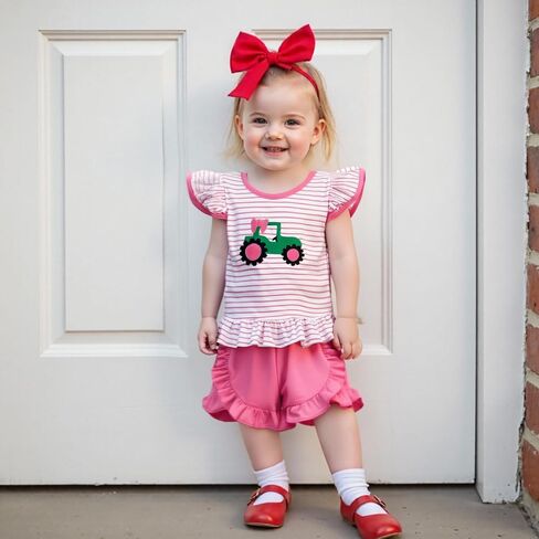 Toddler Baby Girl Farm Outfit Tractor Embroidery Stripe Flutter Sleeve Shirt Tops Ruffle Shorts Set Summer Clothes in Saudi Arabia