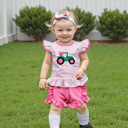 Toddler Baby Girl Farm Outfit Tractor Embroidery Stripe Flutter Sleeve Shirt Tops Ruffle Shorts Set Summer Clothes in Saudi Arabia