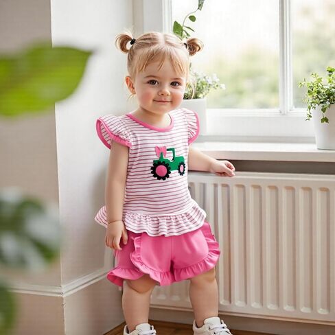 Toddler Baby Girl Farm Outfit Tractor Embroidery Stripe Flutter Sleeve Shirt Tops Ruffle Shorts Set Summer Clothes in Saudi Arabia