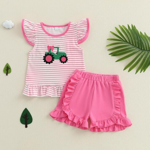 Toddler Baby Girl Farm Outfit Tractor Embroidery Stripe Flutter Sleeve Shirt Tops Ruffle Shorts Set Summer Clothes in Saudi Arabia