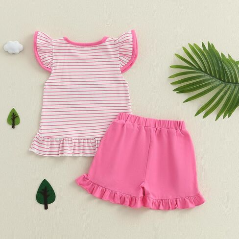 Toddler Baby Girl Farm Outfit Tractor Embroidery Stripe Flutter Sleeve Shirt Tops Ruffle Shorts Set Summer Clothes in Saudi Arabia