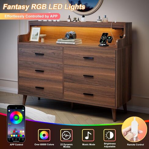 REAHOME 47.2 "خزانة خشبية لغرفة النوم مع محطة شحن ومصابيح LED ، الغرور الماكياج الحديث مع 6 أدراج ، صندوق من الأدراج مع مقابض معدنية ، خزانة تخزين لغرفة المعيشة ، الجوز in Saudi Arabia