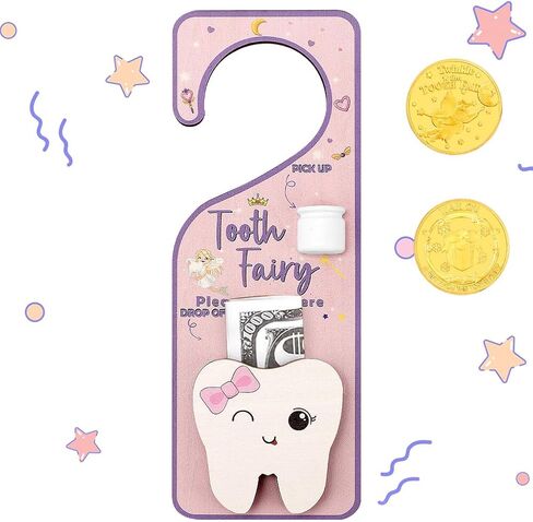WALLFID 2-in-1 Design Tooth Fairy Door Hanger,Tooth Design Tooth Fairy Tooth Holder with Gift Compartment,Tooth Fairy Gifts Including Tooth Fairy Coins,Ideal for Celebrating Lost Teeth (Pink) in Kuwait