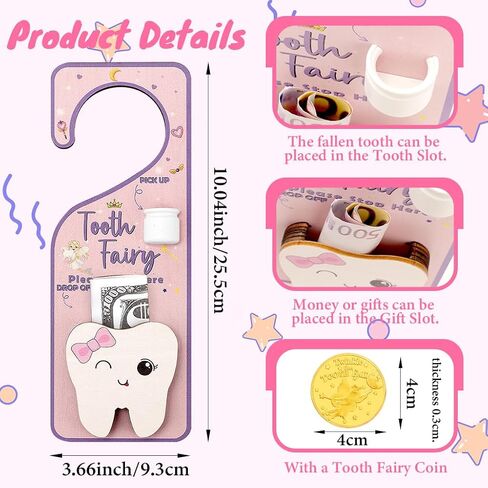 WALLFID 2-in-1 Design Tooth Fairy Door Hanger,Tooth Design Tooth Fairy Tooth Holder with Gift Compartment,Tooth Fairy Gifts Including Tooth Fairy Coins,Ideal for Celebrating Lost Teeth (Pink) in Kuwait