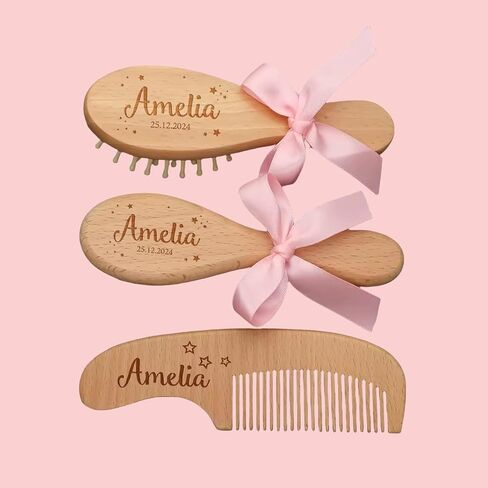 Personalized Baby Gift Newborn Hair Brush and Comb, Customized Engraved Baby Keepsake，Personalized Girls Brush and Comb Set， Wood Bristle Toddler Comb, Cradle Cap Brush(Pink) in Kuwait