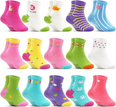 Toddler Non Slip Socks 15 Pairs, Kids Grip Socks for Girls Boys 0-7 Years Soft Cartoon Grippy Baby Sock with Gripper in Saudi Arabia
