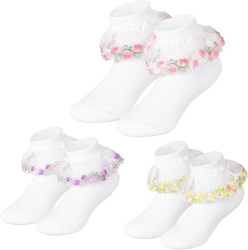 Toddler Girls Ruffle Socks Baby Set Embroidered Flowers Infant White Thin Socks 3 Pair Pack in Kuwait