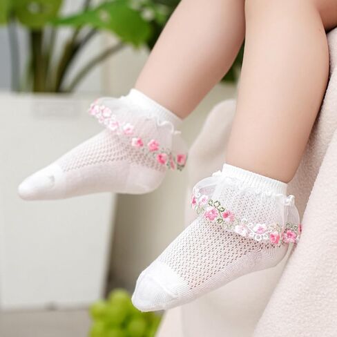 Toddler Girls Ruffle Socks Baby Set Embroidered Flowers Infant White Thin Socks 3 Pair Pack in Kuwait