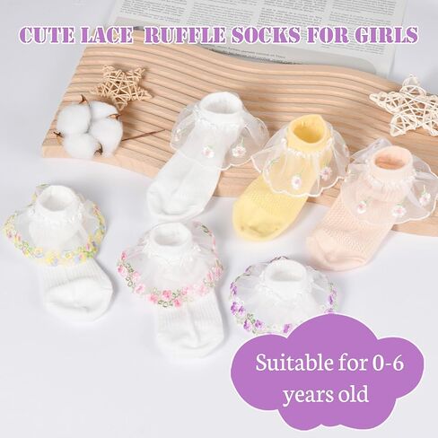 Toddler Girls Ruffle Socks Baby Set Embroidered Flowers Infant White Thin Socks 3 Pair Pack in Kuwait