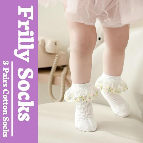 Toddler Girls Ruffle Socks Baby Set Embroidered Flowers Infant White Thin Socks 3 Pair Pack in Kuwait