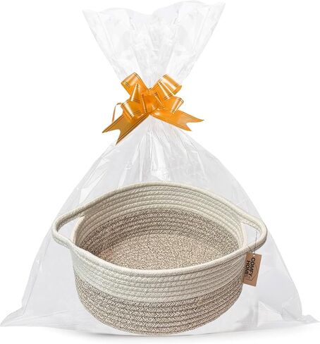 COMFY HOMI Small Woven Gift Baskets with Handles, Gift Bags and Ribbons - Cotton Rope Storage Basket for Organizing, Dog Toy Basket Box, Gift Baskets Empty, Mother’s Day-φ11X5 Inch,（white/brown） in Kuwait