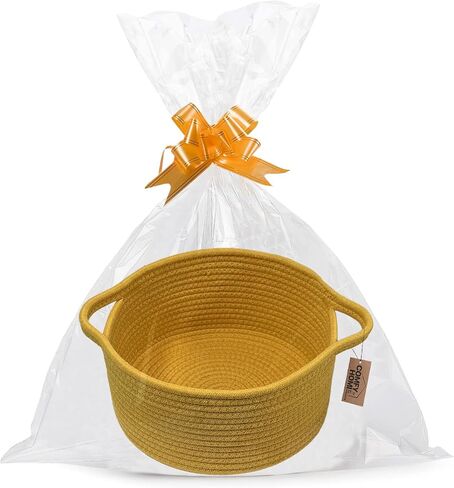 COMFY HOMI Small Woven Gift Baskets with Handles, Gift Bags and Ribbons - Cotton Rope Storage Basket for Organizing, Dog Toy Basket Box, Gift Baskets Empty, Mother’s Day-φ11X5 Inch,（white/brown） in Kuwait