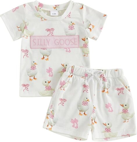2PCS Toddler Baby Girl Summer Outfit Goose Short Sleeve T-Shirt Shorts Set Infant Girl Clothes in Saudi Arabia