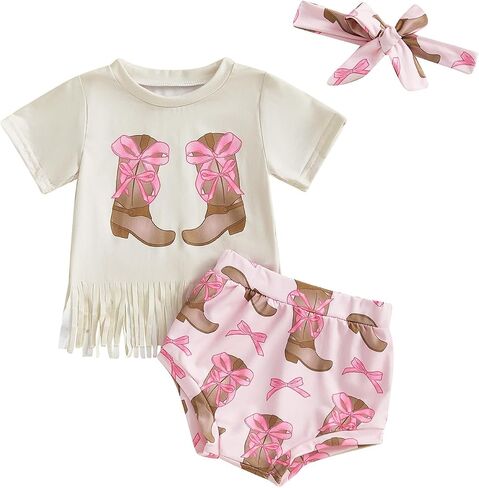 Western Baby Girl Summer Clothes Cow/Boot Short Sleeve Tassel T Shirt Bloomer Shorts Set 2Pcs Infant Cowgirl Outfit in Saudi Arabia