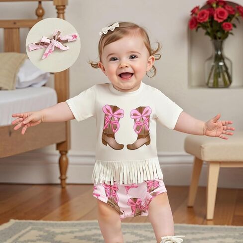 Western Baby Girl Summer Clothes Cow/Boot Short Sleeve Tassel T Shirt Bloomer Shorts Set 2Pcs Infant Cowgirl Outfit in Saudi Arabia