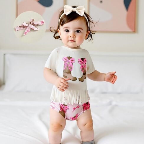 Western Baby Girl Summer Clothes Cow/Boot Short Sleeve Tassel T Shirt Bloomer Shorts Set 2Pcs Infant Cowgirl Outfit in Saudi Arabia