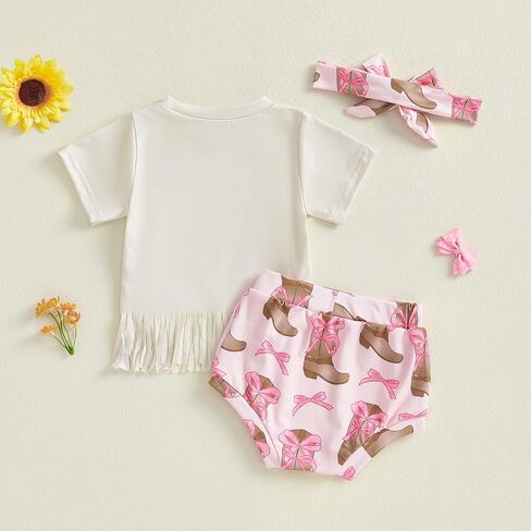 Western Baby Girl Summer Clothes Cow/Boot Short Sleeve Tassel T Shirt Bloomer Shorts Set 2Pcs Infant Cowgirl Outfit in Saudi Arabia