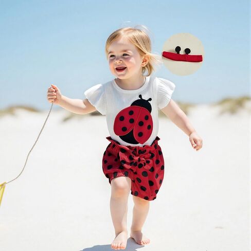 Tempura 3 6 9 12 18m Baby Girl Bee Ladybug Metion Reck Romper Top Sorts Top Beadband 3pcs set in Kuwait