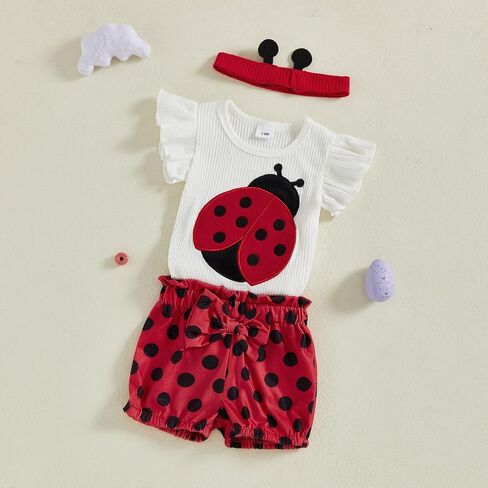 Tempura 3 6 9 12 18m Baby Girl Bee Ladybug Metion Reck Romper Top Sorts Top Beadband 3pcs set in Kuwait