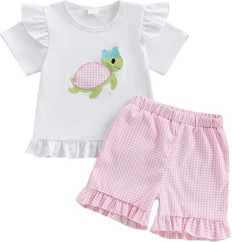 Toddler Infant Baby Girl Summer Outfit Whale Ruffle Short Sleeve T-Shirt Tops Plaid Shorts Set Fishing Clothes in Kuwait
