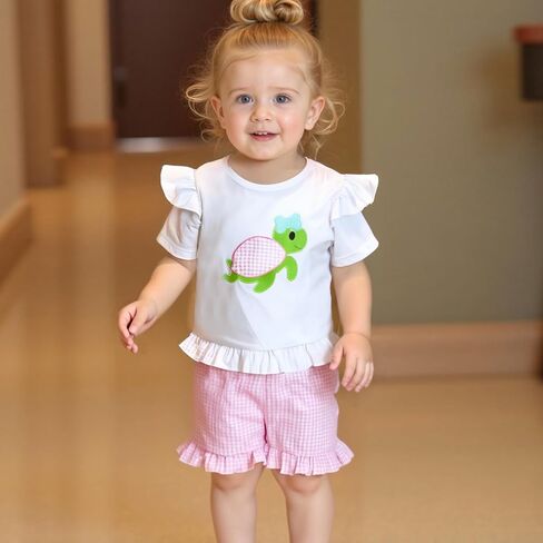 Toddler Infant Baby Girl Summer Outfit Whale Ruffle Short Sleeve T-Shirt Tops Plaid Shorts Set Fishing Clothes in Kuwait