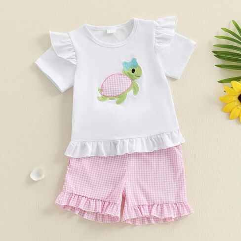 Toddler Infant Baby Girl Summer Outfit Whale Ruffle Short Sleeve T-Shirt Tops Plaid Shorts Set Fishing Clothes in Kuwait
