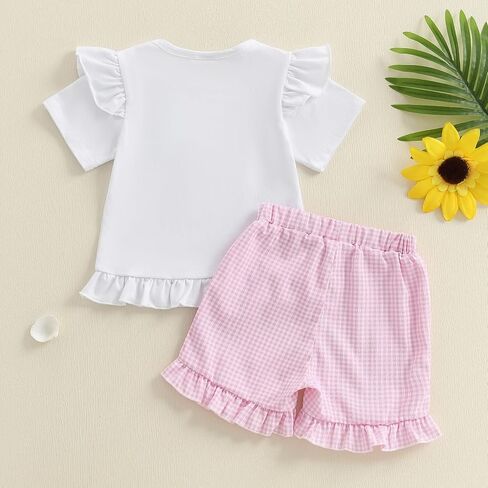 Toddler Infant Baby Girl Summer Outfit Whale Ruffle Short Sleeve T-Shirt Tops Plaid Shorts Set Fishing Clothes in Kuwait