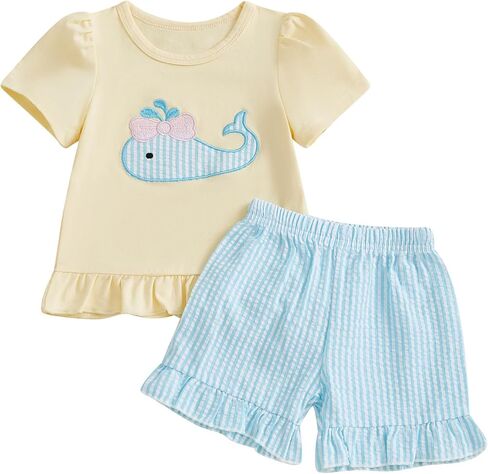 Toddler Infant Baby Girl Summer Outfit Whale Ruffle Short Sleeve T-Shirt Tops Plaid Shorts Set Fishing Clothes in Kuwait