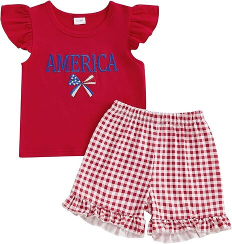 4th of July Baby Girl Clothes Fly Sleeve Smocked T-Shirt Top Plaid Ruffle Shorts Set Summer Toddler Outfits in Saudi Arabia
