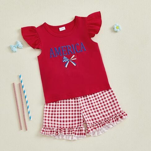 4th of July Baby Girl Clothes Fly Sleeve Smocked T-Shirt Top Plaid Ruffle Shorts Set Summer Toddler Outfits in Saudi Arabia