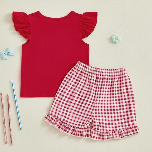 4th of July Baby Girl Clothes Fly Sleeve Smocked T-Shirt Top Plaid Ruffle Shorts Set Summer Toddler Outfits in Saudi Arabia