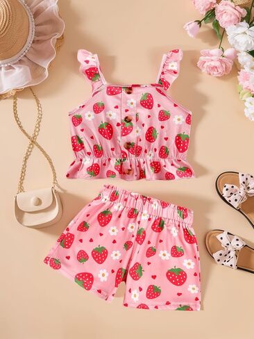Toddler Girls Short Sets Kids Love Heart Ruffle sleeveless Tops and Casual Shorts Girls Summer 2 Piece Outfits Clothes in Kuwait