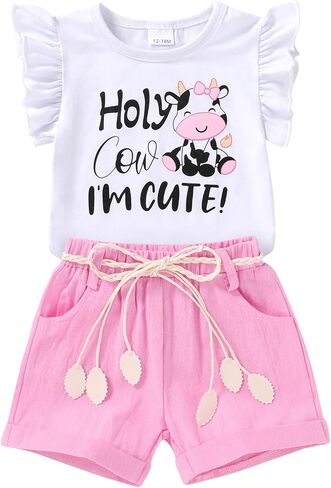 Happy Town Toddler Baby Girl Summer Clothes Ruffle Sleeve Cartoon T Shirt Linen Short Sets with Belt Cute Outfits in Saudi Arabia