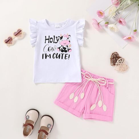 Happy Town Toddler Baby Girl Summer Clothes Ruffle Sleeve Cartoon T Shirt Linen Short Sets with Belt Cute Outfits in Saudi Arabia