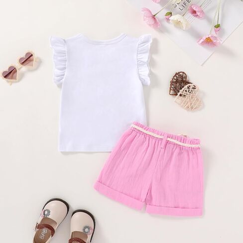Happy Town Toddler Baby Girl Summer Clothes Ruffle Sleeve Cartoon T Shirt Linen Short Sets with Belt Cute Outfits in Saudi Arabia