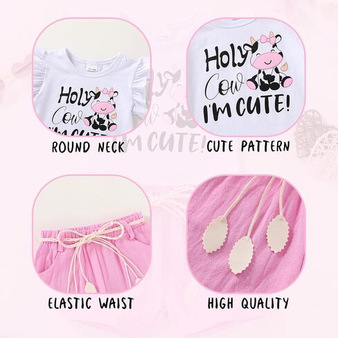 Happy Town Toddler Baby Girl Summer Clothes Ruffle Sleeve Cartoon T Shirt Linen Short Sets with Belt Cute Outfits in Saudi Arabia