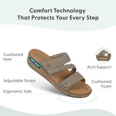 صندل جلدي نسائي من Orthofeet Carrie لتقويم العظام | شرائح من مزيج الفلين سهلة الارتداء بدون استخدام اليدين مع كعب عريض، وثلاثة أشرطة قابلة للتعديل، ودعم القوس، وتبطين مريح in Kuwait