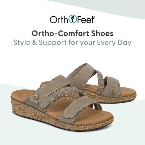 صندل جلدي نسائي من Orthofeet Carrie لتقويم العظام | شرائح من مزيج الفلين سهلة الارتداء بدون استخدام اليدين مع كعب عريض، وثلاثة أشرطة قابلة للتعديل، ودعم القوس، وتبطين مريح in Kuwait