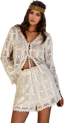 2 Piece Linen Set for Women White Eyelet Blouses for Women Tie Front Top Boho Shorts Summer Beach Vacation Outfits in Saudi Arabia