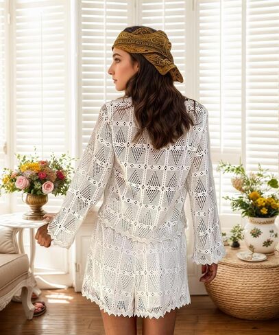2 Piece Linen Set for Women White Eyelet Blouses for Women Tie Front Top Boho Shorts Summer Beach Vacation Outfits in Saudi Arabia