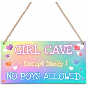 Girls Cave Wood Sign, Tie Dye Room Decor No Boys Allowed Hanging Door Sign, 5"x10" Girls Room Decorations for Toddler Little Girl Teen Girls Bedroom Wall Art -A05